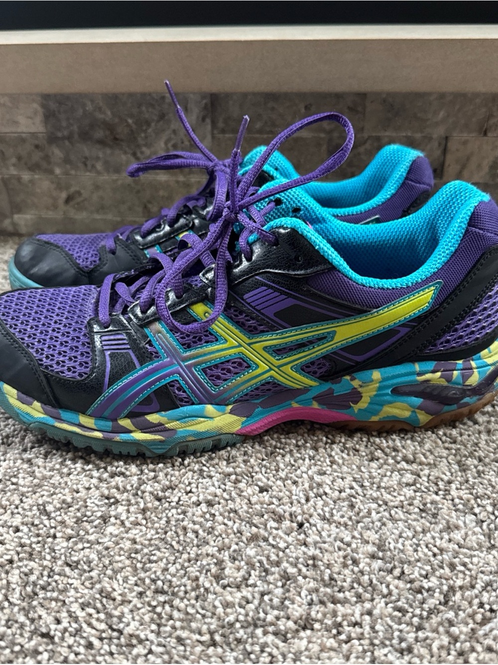 ASICS Gel-1140V Women’s 10.5 Black Purple Neon Yellow Blue Running Shoes EUC